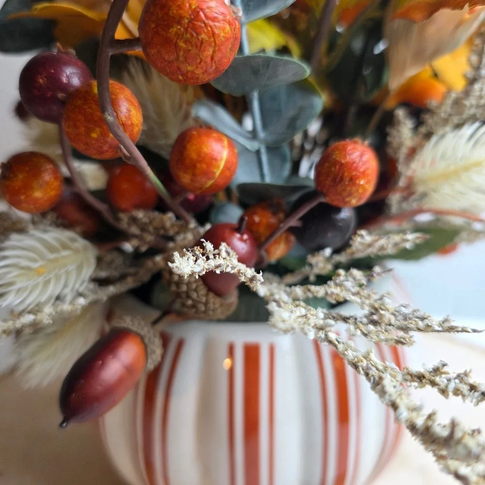 Fall Harvest Artificial Floral Arrangement in Striped Ceramic Pumpkin Pot